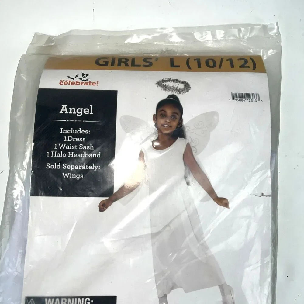 Girls Angel Halloween Costume Dress Tinsel Halo Waist sash SZ LG 10-12 Dress up